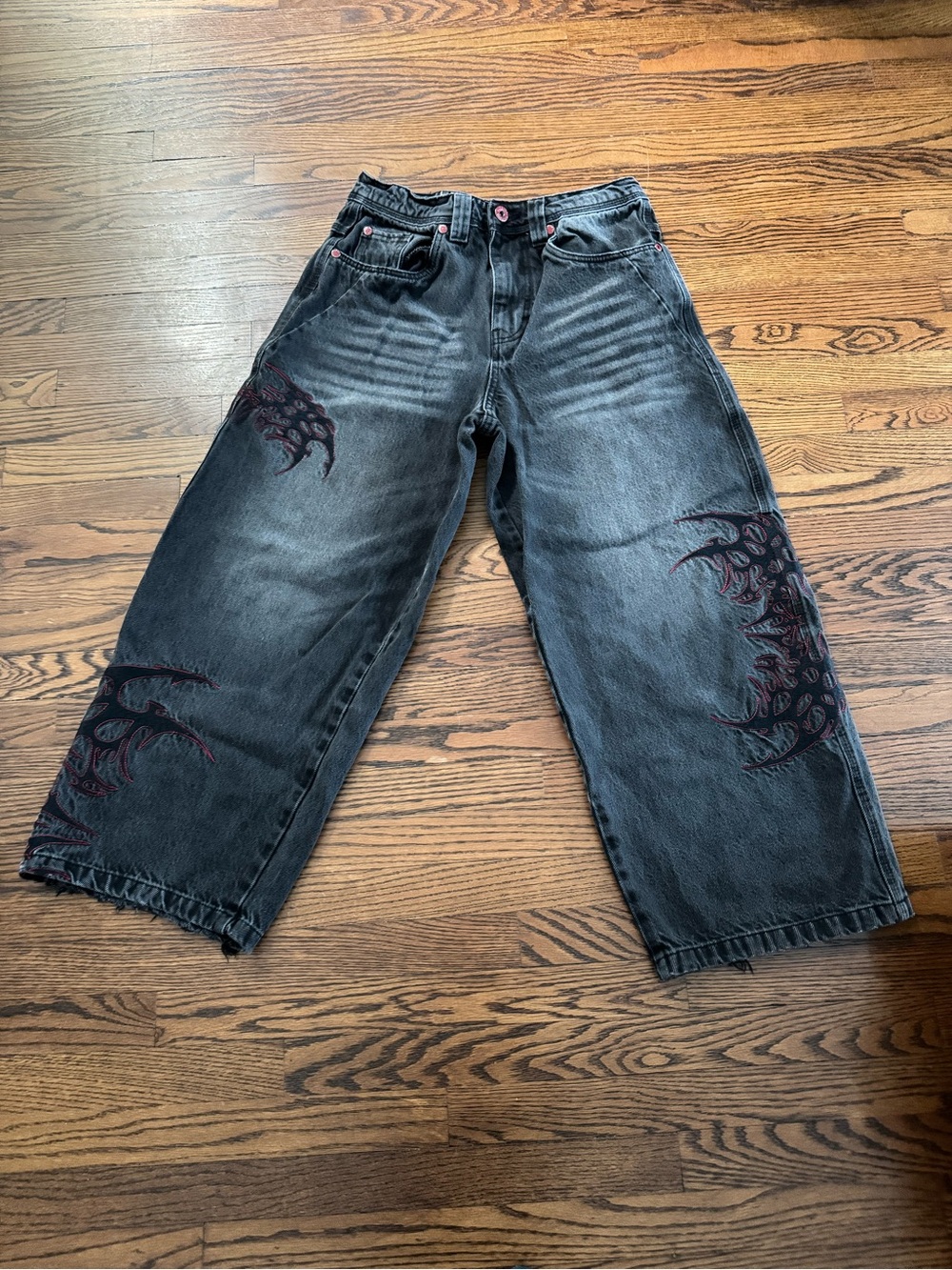 Vitriol Respawn embroidered black wash ultra wide jeans